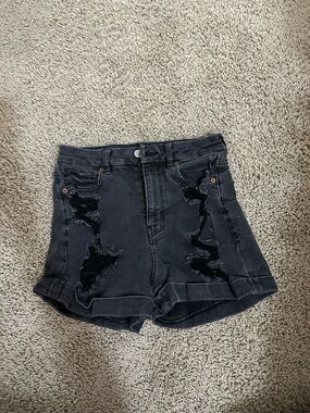 American Eagle Outfitters Black High-Waist Distressed Denim Shorts